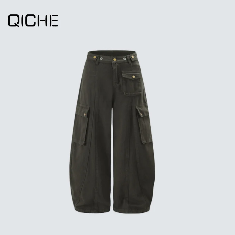 QICHE 2026 Men Women American Multi‑Pocket Deconstructed Curved‑Blade Cargo Jeans Solid Color Loose Wide‑Leg Casual Long Trouser