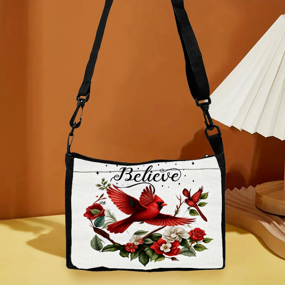 1pc Floral Cardinal Bird Believe Print Crossbody Bag White Shoulder Bags For Women Outdoor Travel Shopping Daily Use Fashion Acc