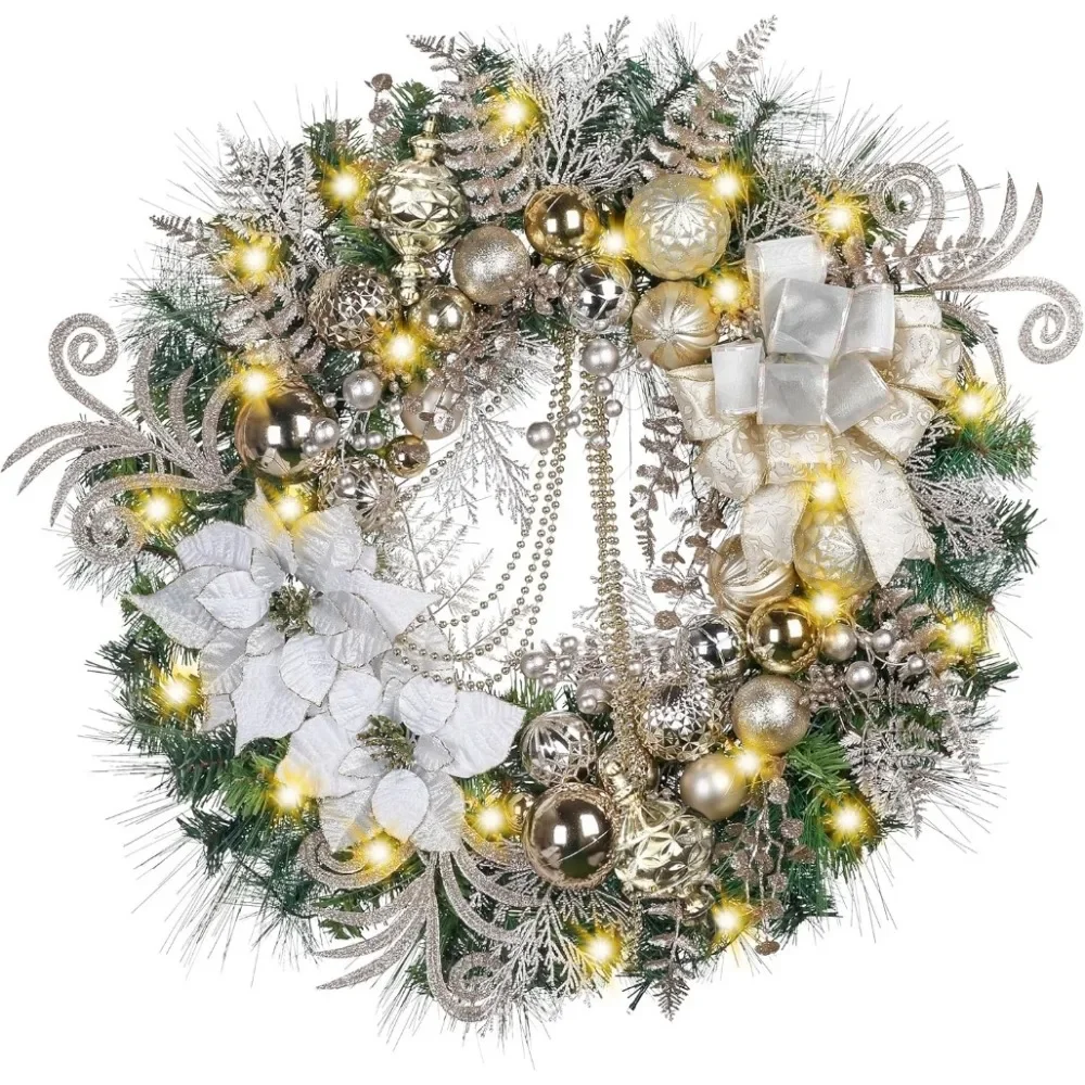 

30 Inch Pre-Lit Christmas Wreath for Front Door | Large Lighted Xmas Wreath with White Gold Balls