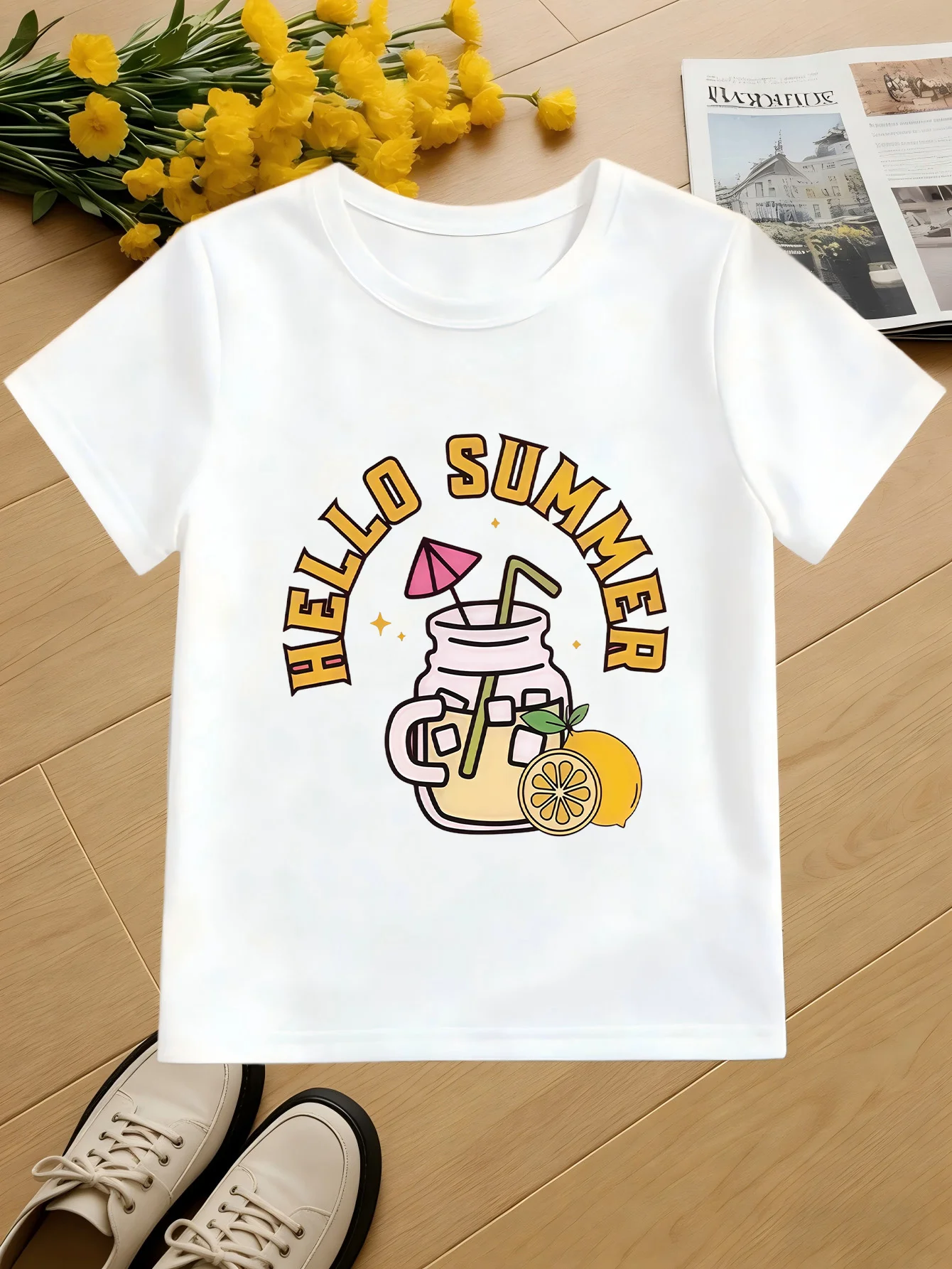 Hello Summer Lemon Print Kids Cotton T Shirt Boys Girls Family Matching Summer Casual Soft Breathable Daily Short Sleeve Tees