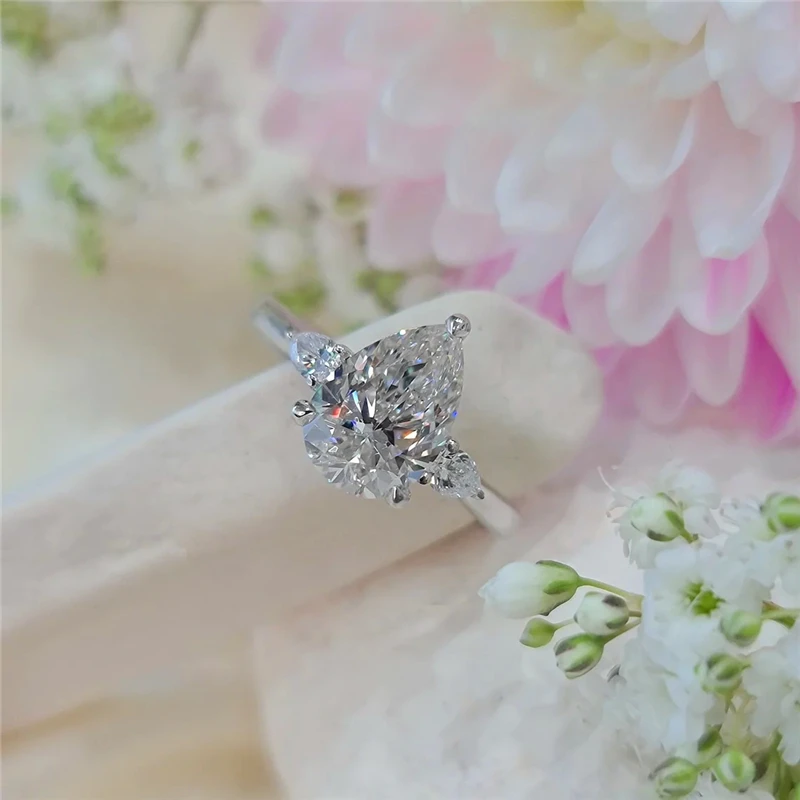 JY Fine Jewelry 2.0CT Pear Ice Cut GRA Certificate Drop Water Moissanite 3 Stone Engagement Ring 18K White Gold Real For Wedding