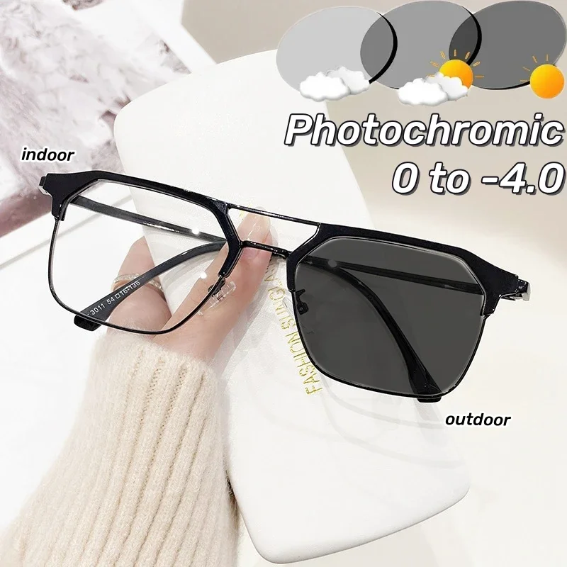 

Модные металлические фотохромные очки для близорукости с двойным лучом, ретро многоугольные полнокадровые очки для близорукости, очки с защитой от синего света