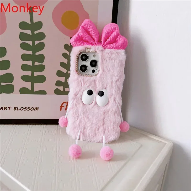 Plush Fur Cover Korea Pink Cute Cartoon 3D Bow Soft Case For VIVO Y100 Y22 Y78 Y36 Y35 Y38 Y28 Y27 Y20 Y18 Y17S Y16 Y15S Y03 Y02