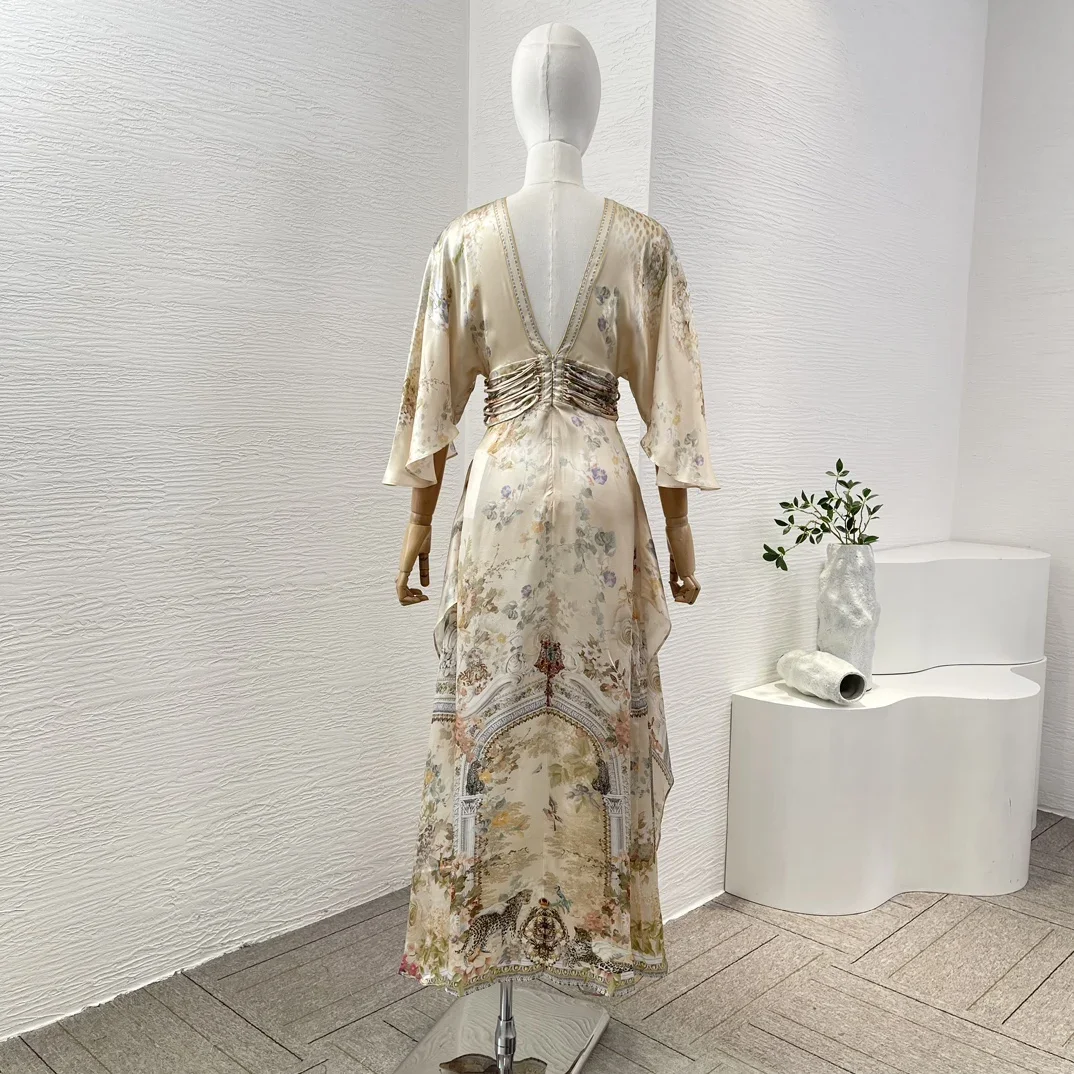 Women 2024 Yellow Floral Print 3/4 Sleeve Diamonds Backless Deep V Neck Midi Dress Invisible Back Zipper Closure