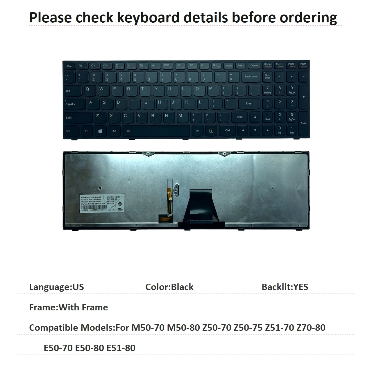 New US Language  Backlit Keyboard For Lenovo M50-70 M50-80 Z50-70 Z50-75 Z51-70 Z70-80 E50-70 E50-80 E51-80 T6G1B
