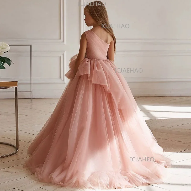 2026 Children Pink One Shoulder Kids Formal Princess Gown Birthday Party Dress Little Girl Host Performance Tutu Pageant Clothes