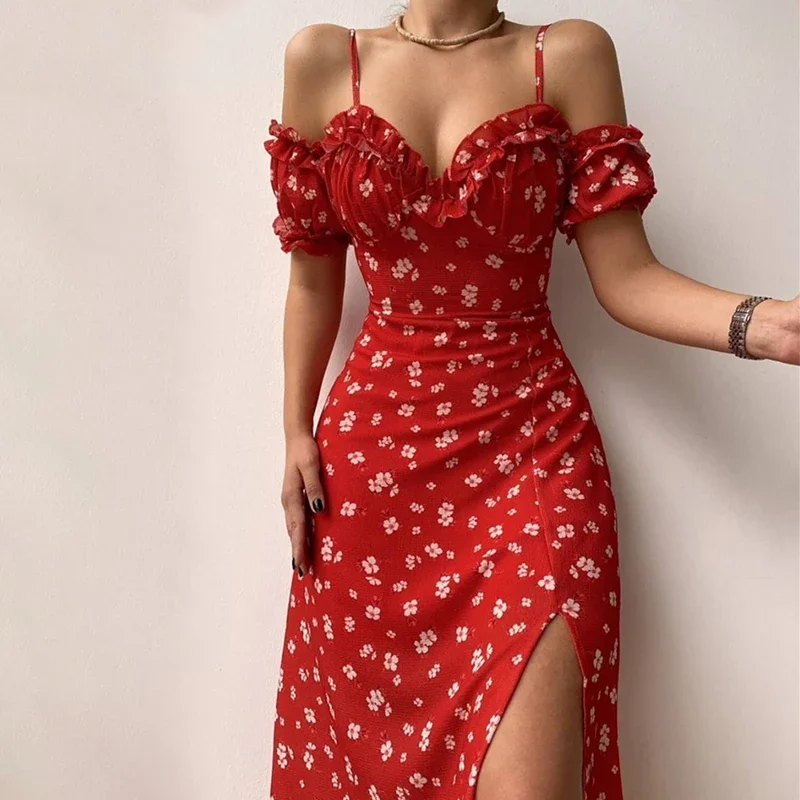 New Summer Elegant Casual Floral Print Off Shoulder Split Dress Women Short Sleeve Slim Midi Dress for Club Party Holiday