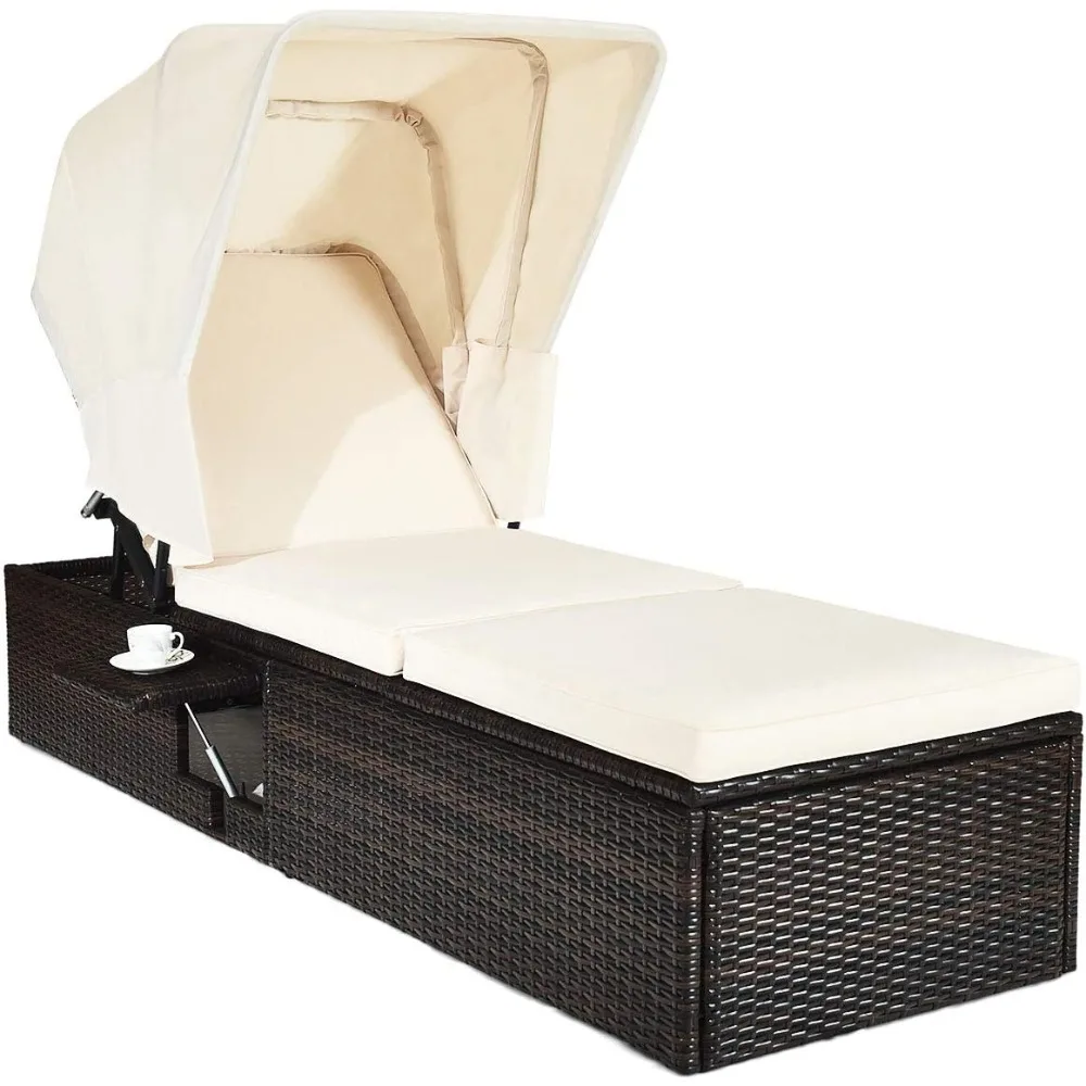 Patio Chaise Lounge with Retractable Canopy Outdoor Reclining Chair with Adjustable Backrest, Rattan Wicker Daybed, Sun Lounger