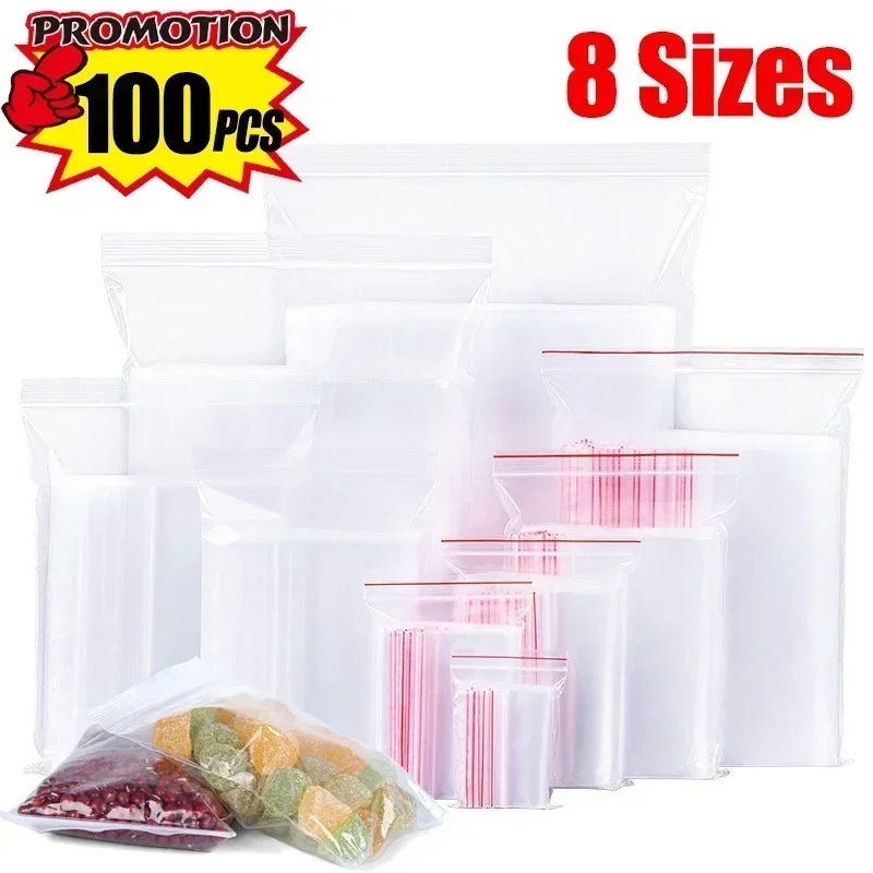 100pcs Plastic Sealing Bags Thicken Clear Resealable Zipper Lock Mini Bag Storage Jewelry Nuts Fresh Packaging Pouch Organizer