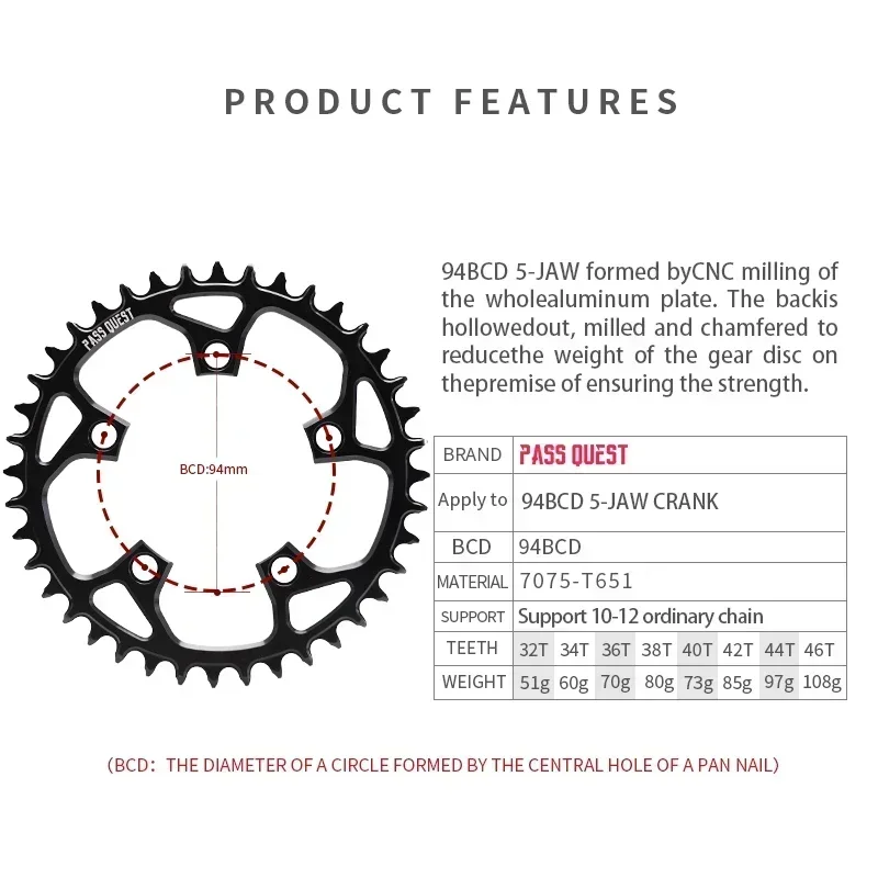 94 BCD chainring bike chain 32T 34T 36T 38T 40T 42T 44T 46T 5 bolt  for 9 10 11 12 speed ROUND Narrow Wide Chainring