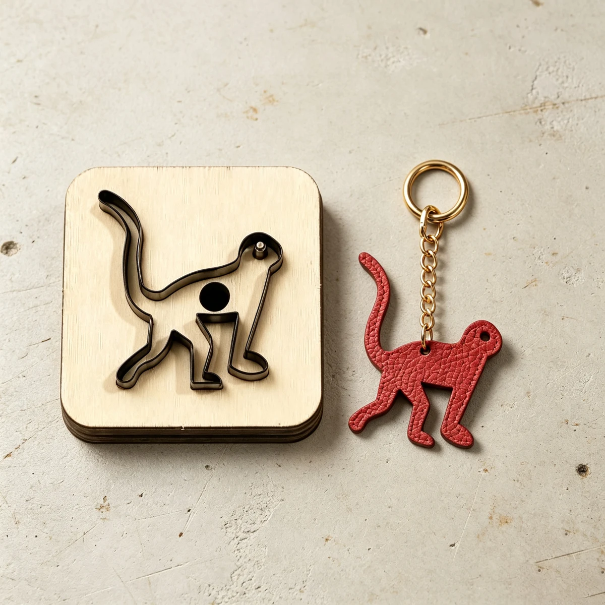 Monkey Leather Cutting Die, DIY Leather Craft Keychain Pendant Knife Mold, Steel Blade Wood Base Punch Template for Handmade