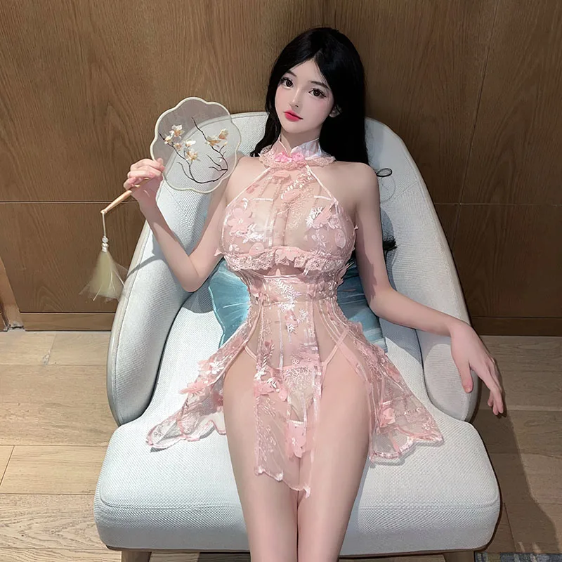 Sexy Lingerie Mesh See Through Cheongsam Lace Pink Exotic Dresses High Slit Pajamas Underwear Night Club Bed Wear Women Girls