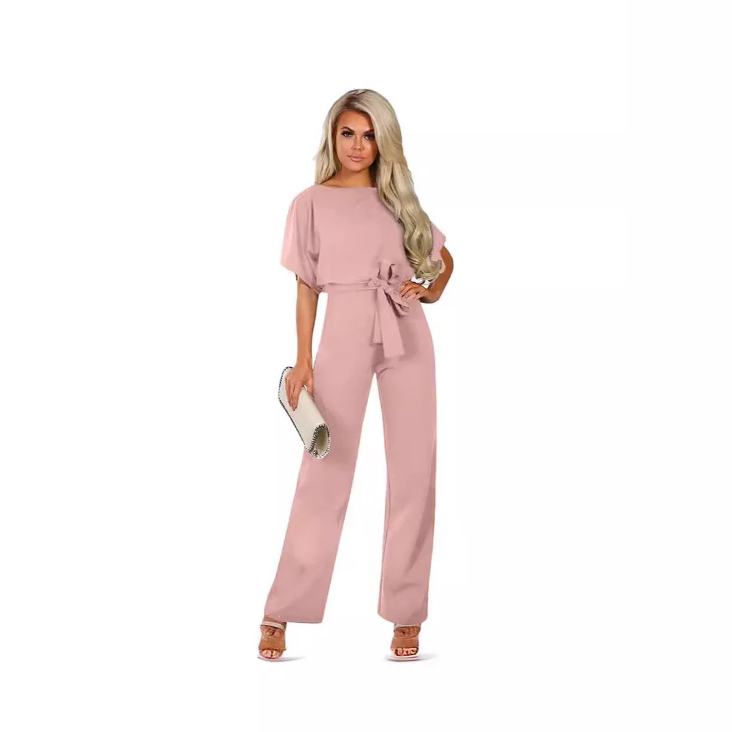 

Fashionable Casual Color Slim Fit Short Sleeve Jumpsuit High Waist Straight Leg Pants Polyester Fabric Summer 2024