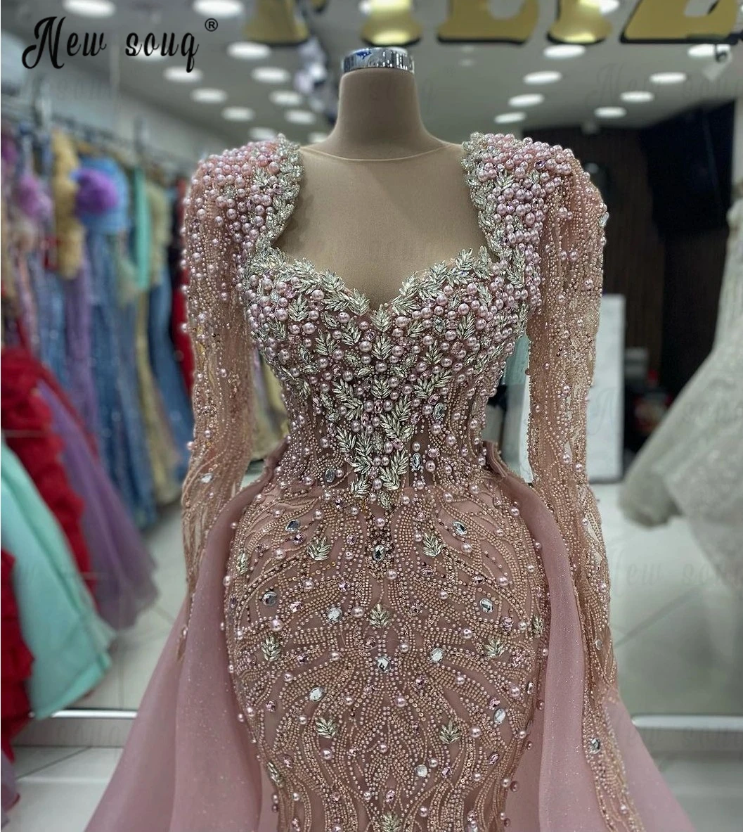 

Blush Rose Pink Queen Anne Formal Evening Dress Dubai Luxury Wedding Party Dress Engagement Gown Sparkle Overskirt Prom Gowns