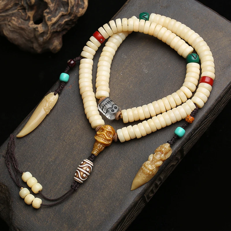 Chicken oil yellow bone 108-bead multi-loop bracelet with A-dai and Si-tuo lin three-way connectors