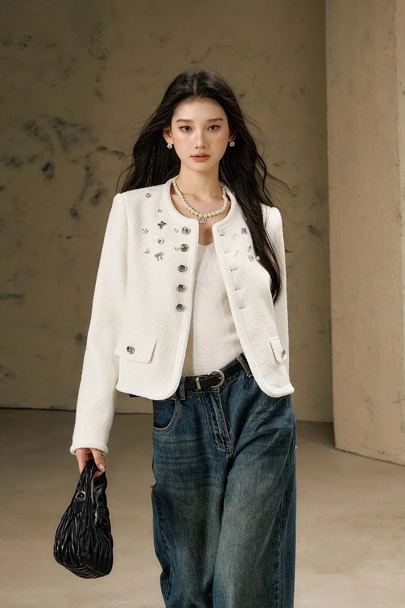 

Women's Tweed Jacket 2024 New Short Coat Metal Button Decor Elegant Cropped Blazer Casual Outerwear
