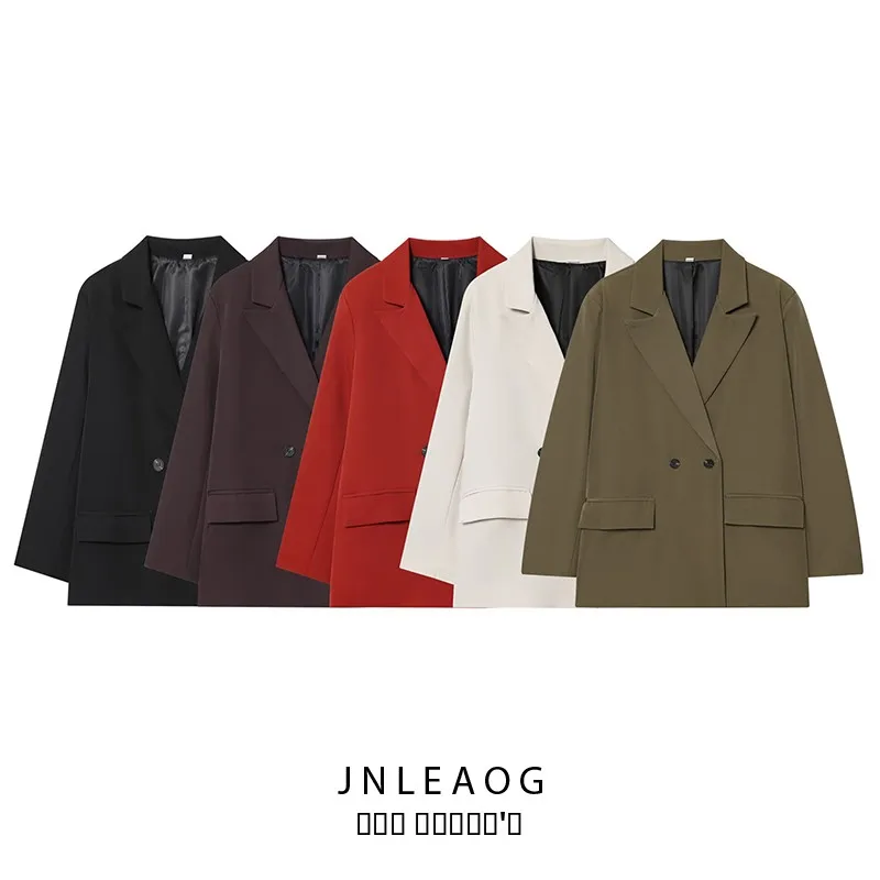 

JNLEAOG Autumn New Women's Suit Jaet Double Breasted Loose Fit Busin Sle Long Sve Polyester Faion Design