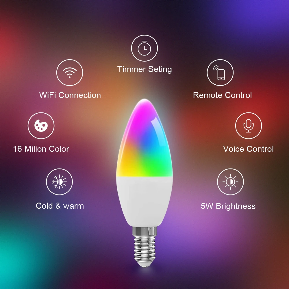 AVATTO Tuya WiFi/Zigbee Smart Candle Bulb，6W RGB+CW Led Lamp Bulb Dimmable Works For Alexa,Google Home Echo With Timer Function