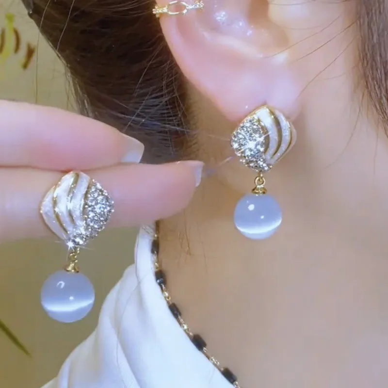 925 Silver Needle Korean Fashion Cat's Eye Stone Drop Earrings For Women Jewelry 2026 Trending New Crystal Earrings A53