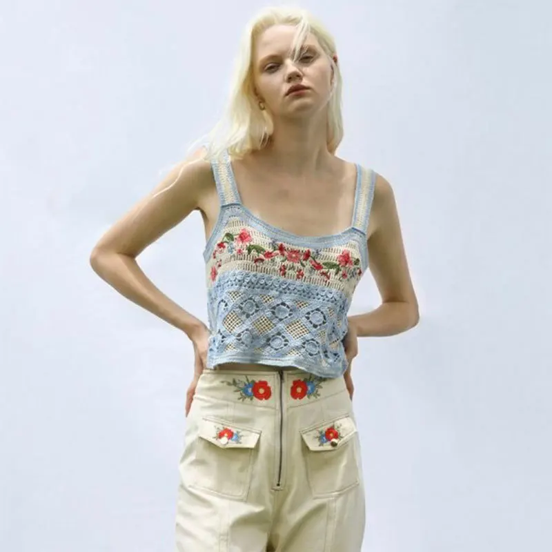 

2026 Vest Embroidery Needle Hollow Woven Sling Vest Short Slim Top