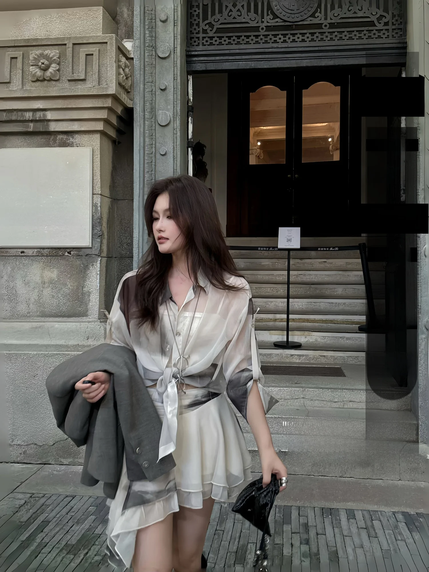 

KAS винтажная шифоновая блузка с эффектом омбре, топ, асимметричный дизайн, комплект с юбкой с высокой талией, женский модный осенний повседневный наряд