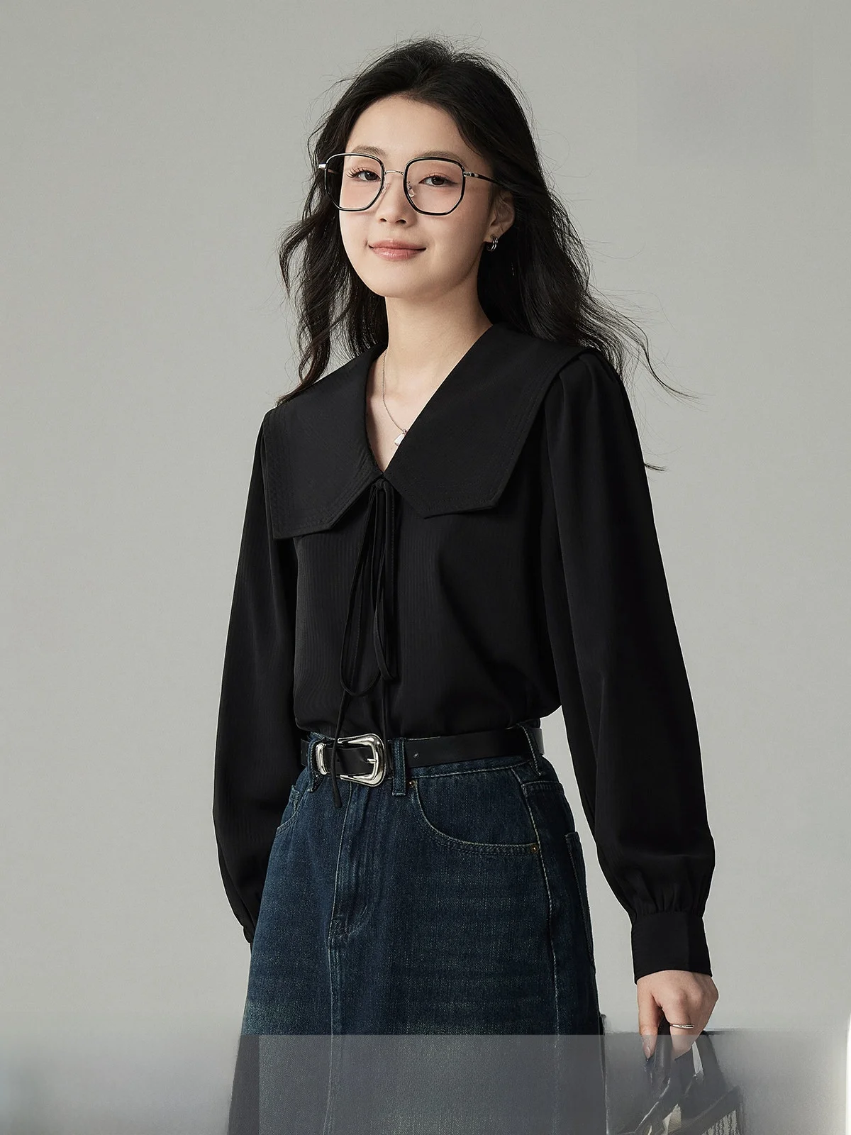 

Рубашка женская JACOOBS Sweet Navy Collar свободного кроя, черная, элегантная, для офиса, с длинным рукавом, однотонная, с пуговицами
