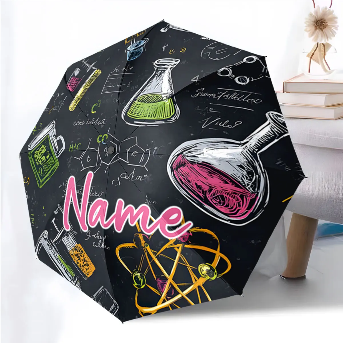 Custom Name Scientific-Themed Umbrella with Colorful Chemistry Print 8 Iron Ribs Folding Umbrella, Auto-Open Fashion Sunshade