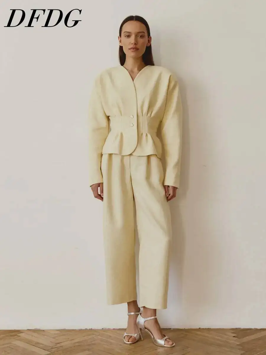 DFDG Women 2026 Spring Autumn Textured Two Piece Blazer V Neck Gathered Peplum Jacket Cropped Wide Leg Crop Pants Elegant Set