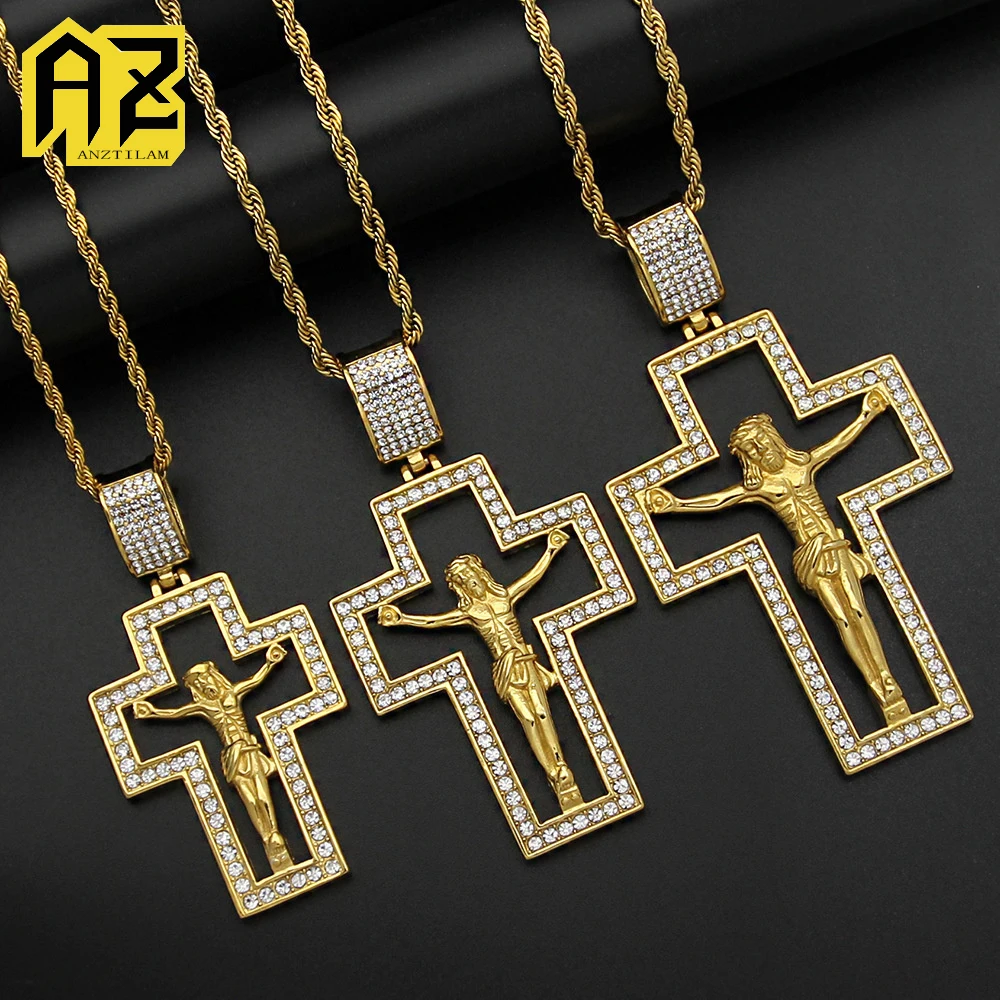 Anztilam Hollow Out Cross No Fade 316L Stainless Steel Iced Out Pendant with Long Link Chain Necklaces for Women Hip Hop Jewelry