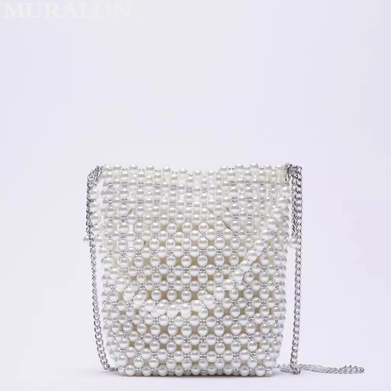 Pearl Beaded Bucket Bag White Beaded Fairy Portable Messenger Bags Niche Crossbody Chain Bag Purses Lipstick Phone Coin Wallet