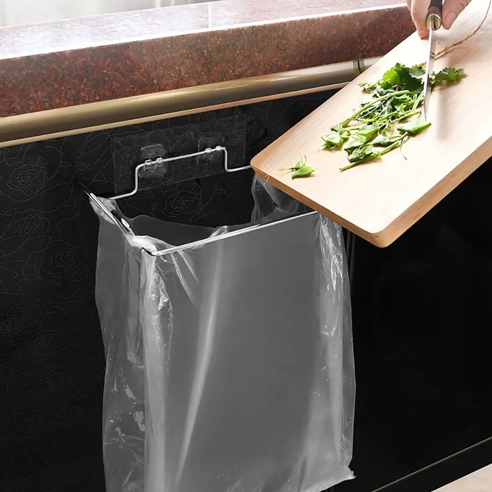 Trash Bag Holder for Cupboards Kitchen Cabinet Door, Stainless Steel Portable Garbage Bins