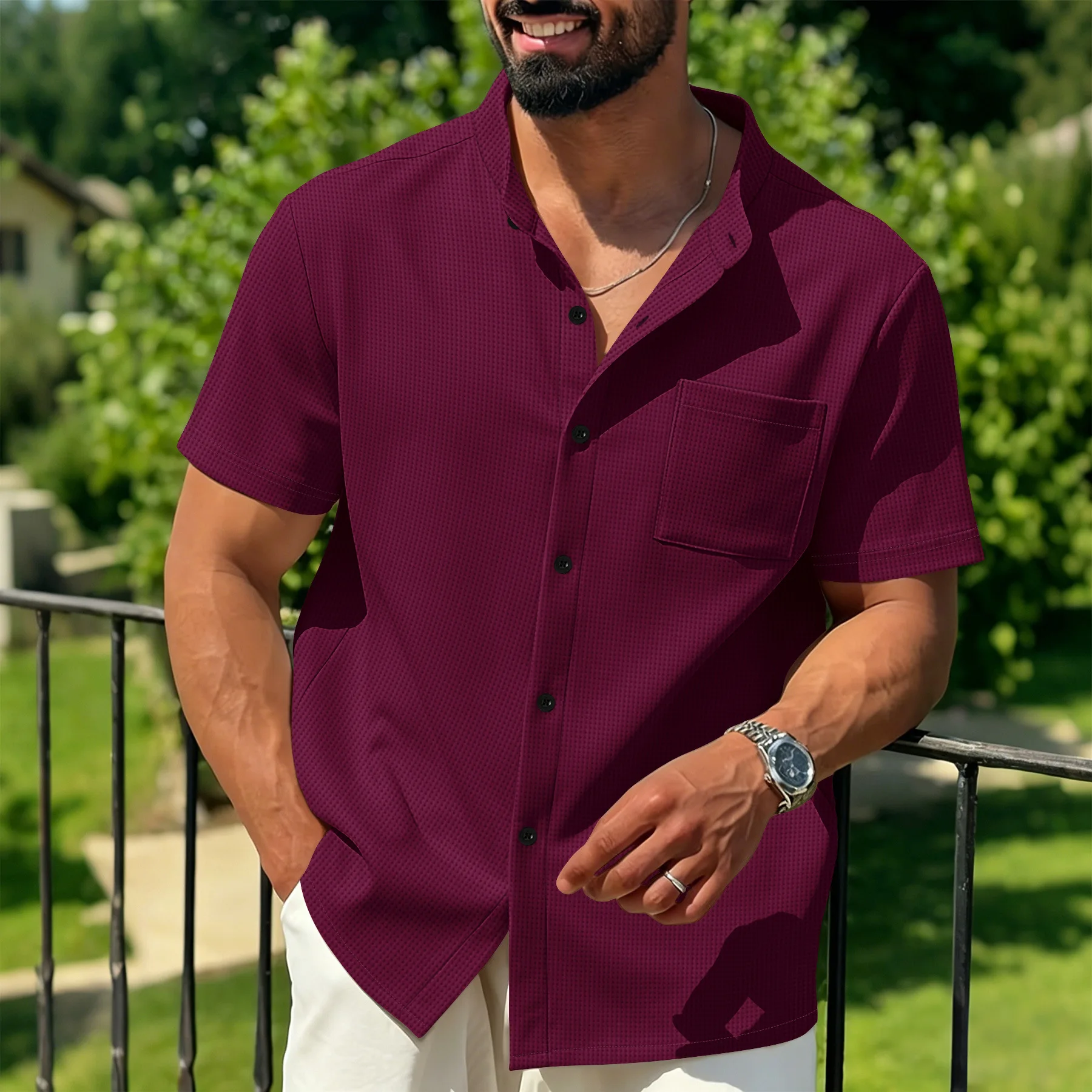 Summer New Pure Color Waffle Texture Stand Collar Pocket Open Cardigan Casual Short Sleeve Shirt