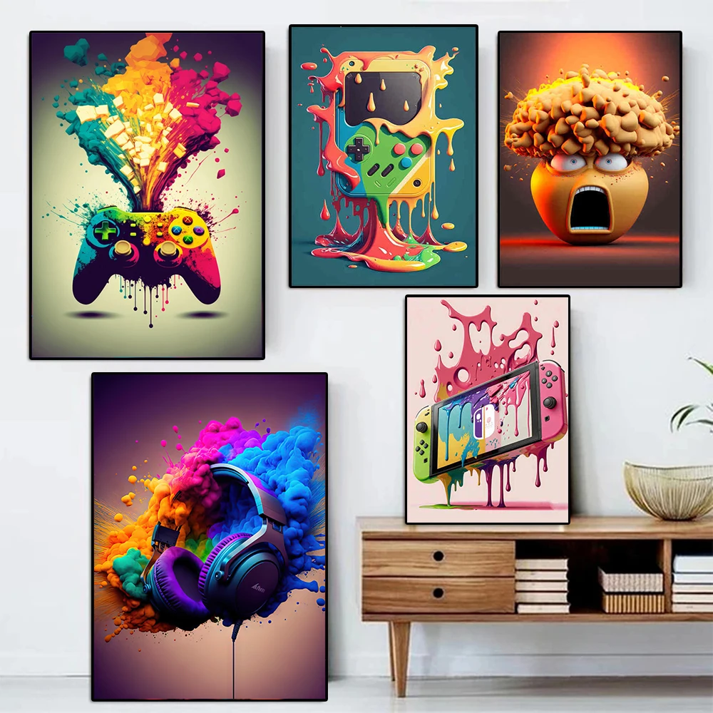 Cartoon Series Game Controllers Console Posters and Prints Earphones Canvas Paintings Wall Art for Bar Game Room Home Decor