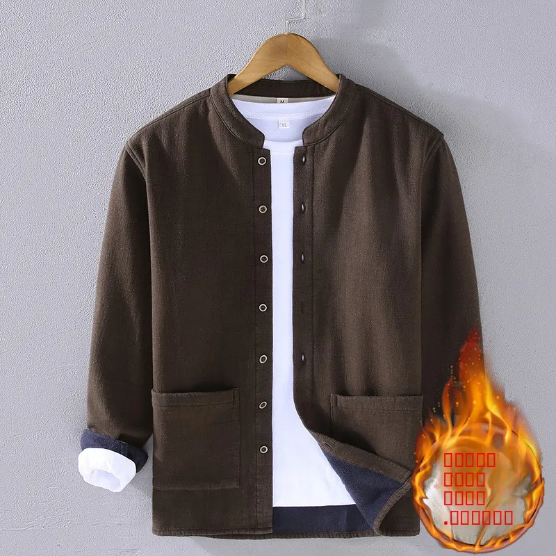 

Loose Fit Cotton Linen Long Sve Jaet Chinese Sle Stand Collar Men's Casual Thiened Autumn Winter Outerwear Coat