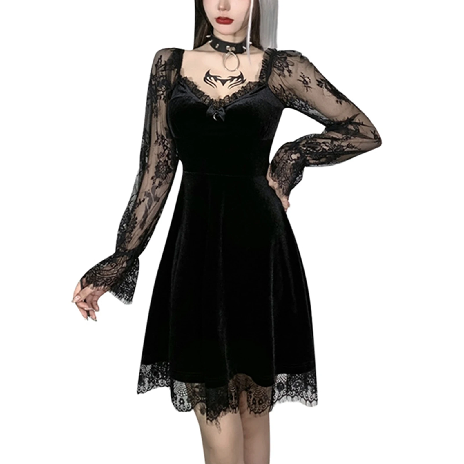 Female Dress Solid Color Lace Stitching V-Neck Long Flare Sleeve Single Piece for Ladies Black S/M/L