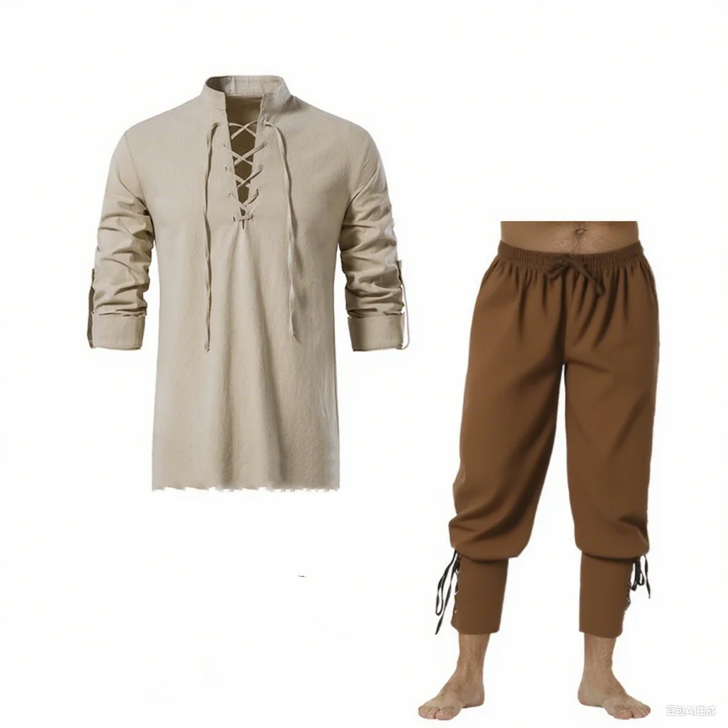 2 قطعة خمر الرجعية القرون الوسطى عصر النهضة تأثيري حلي وتتسابق القراصنة فايكنغ هالوين عادية اليومية LARP رن Faire قميص السراويل