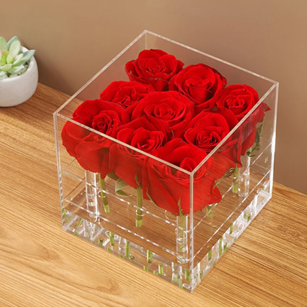

Acrylic Flower Cube Vase 9-Hole Clear Eternal Flower Box Square Storage for Preserved Roses Decorative Floral Arrangement Home