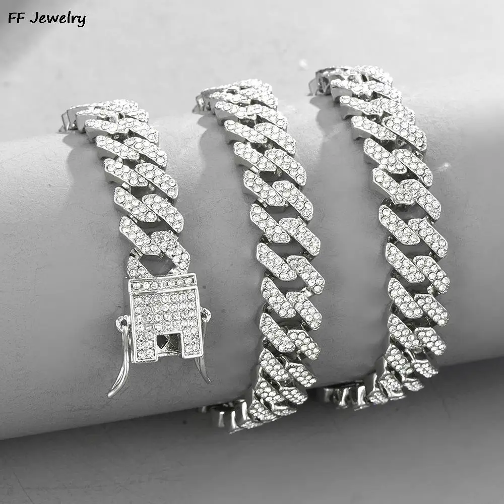 12mm Men Women Hip Hop Iced Out Bling Prong Cuban Chain Necklace Paved Rhinestone Link Chain Choker Necklace Men Jewelry