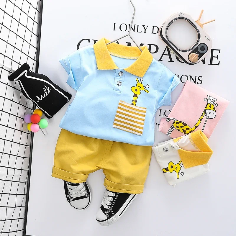 Children Clothing Sets Summer Baby Boys Girls Short Sleeve T Shirt Shorts 2 Pieces Cartoon Giraffe Kids Clothes Outfits