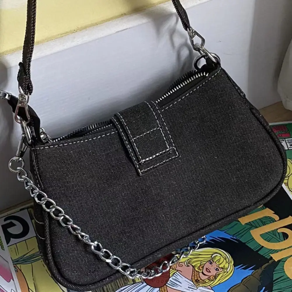 

Y2K Canvas Chain Shoulder Bag Denim Stars Pattern Underarm Bag Women's Handbag for Woman Girls
