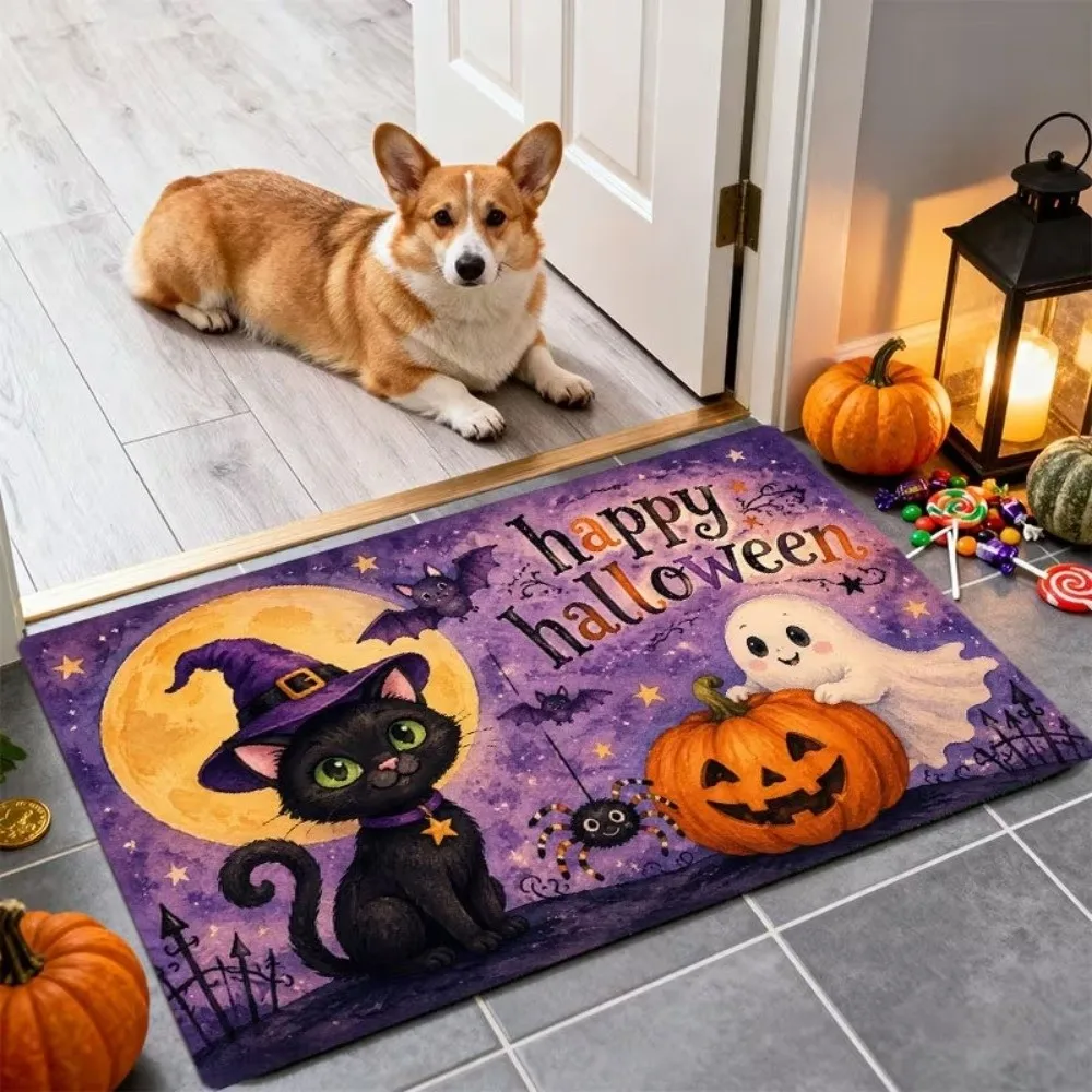 Non-Slip Halloween Entrance Carpet Cartoon Witch Cat Wear Resistant Pumpkin Ghost Doormat Comfortable Absorbent
