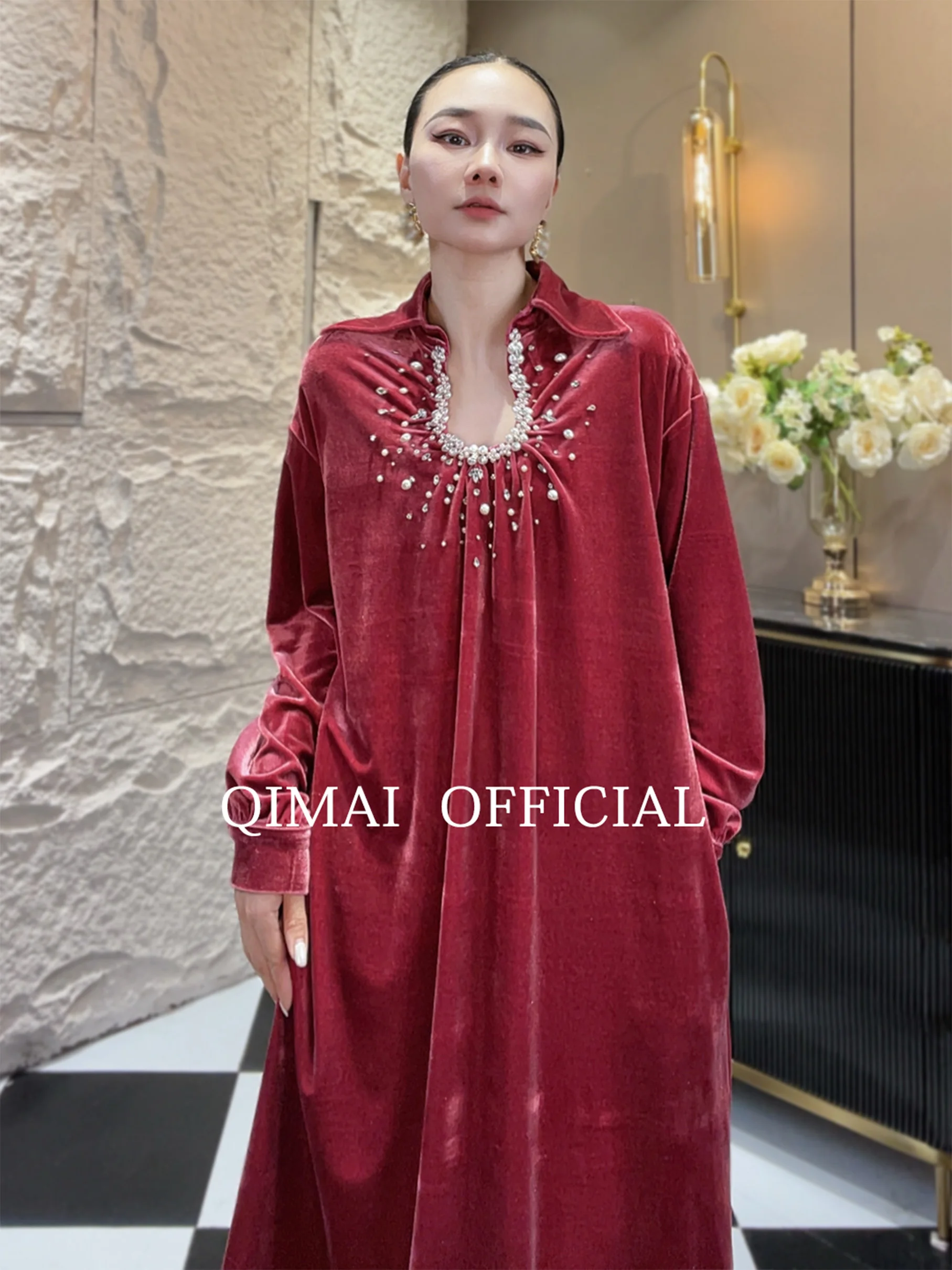 

Red Velvet Long Sve Dr Ele Design Sensation Faionable Beautiful Luxury plus Size Women's Autumn Winter Long Dr