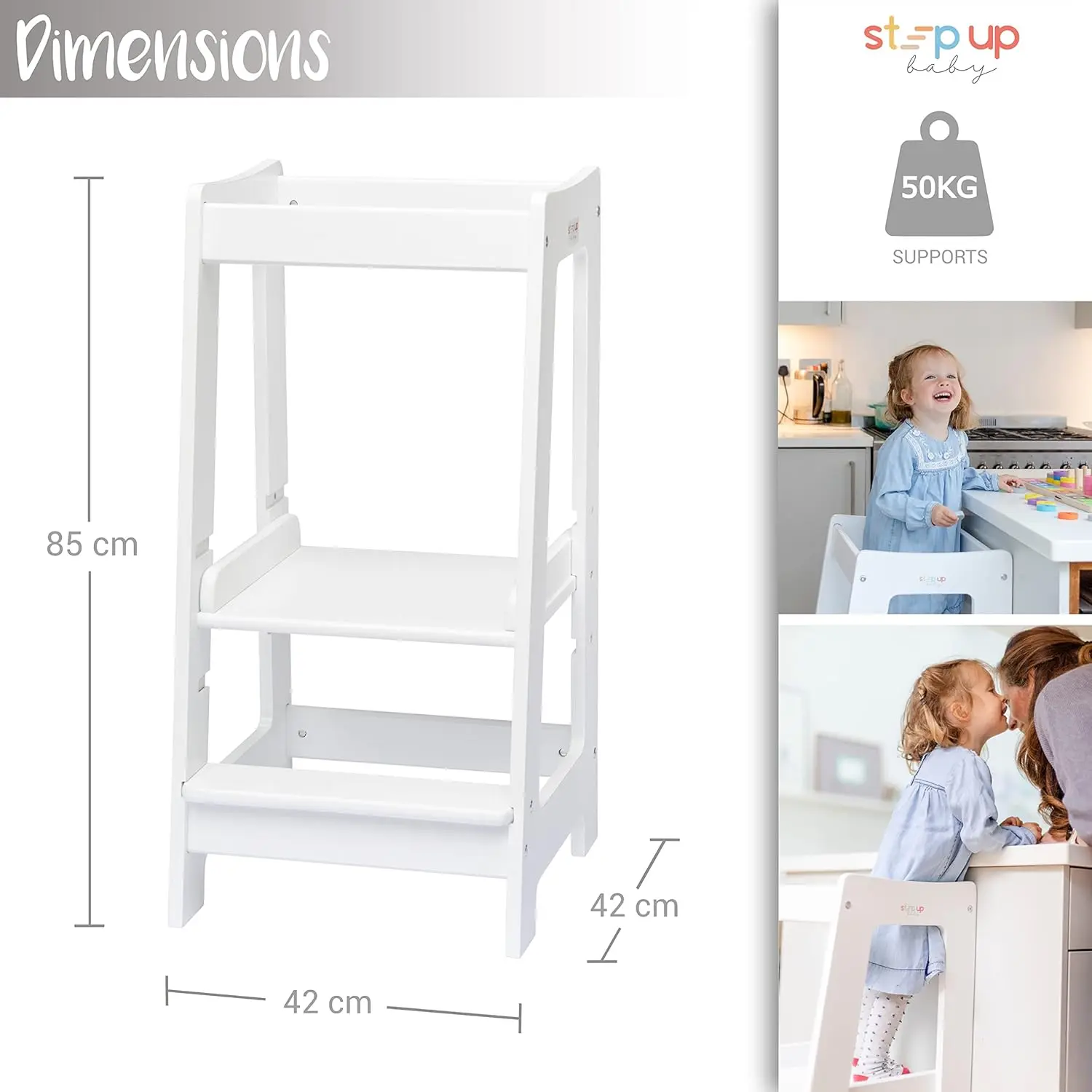 Winning Adjustable Wooden Toddler Tower | Safe and Sturdy Step Stool Fits Under Kitchen Counters | Standing Tower with Safety Ra