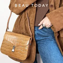 BeauToday Shoulder Handbags Women Genuine Cow Leather Hand Carry Elegant Solid Flap Pocket Simple Female Bag Handmade 61016