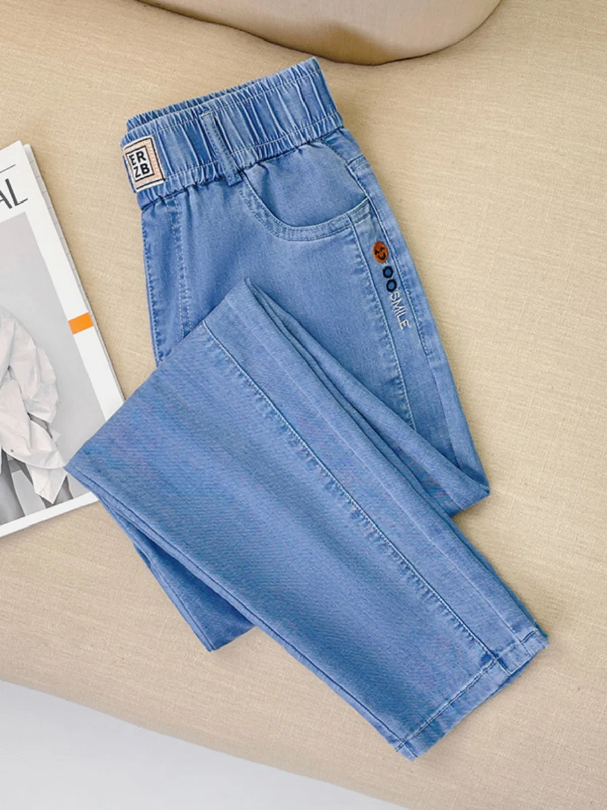 

Новинка 2025, женские шелковые джинсовые брюки, летние повседневные свободные утягивающие прямые брюки с тонкой высокой талией, модные брюки Harbin