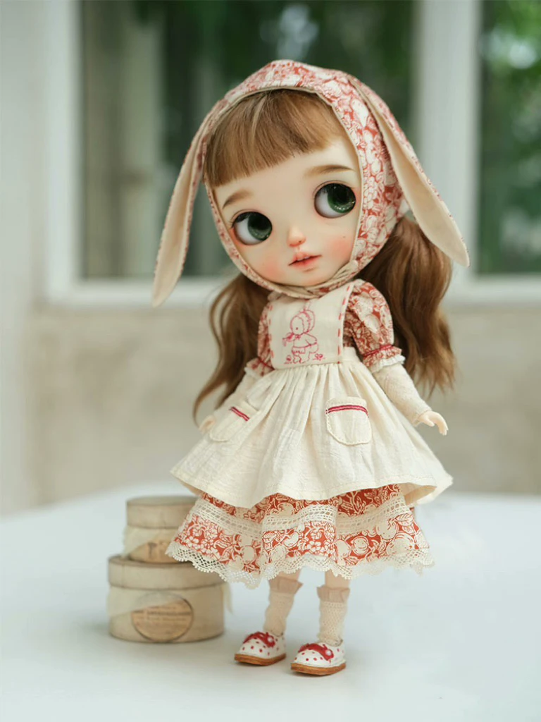 

Four piece suit BJD Blythe Clothes red Berry rabbit ear scarf dress (Fit Pullip,Ob24, Licca、qbaby、ICY Doll)