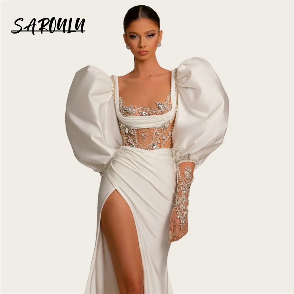 Ivory Puff Sleeves Sexy Long Evening Dress For Women 2024 Illusion Beaded Long Sleeves Prom Dresses With High Slit Party Gown