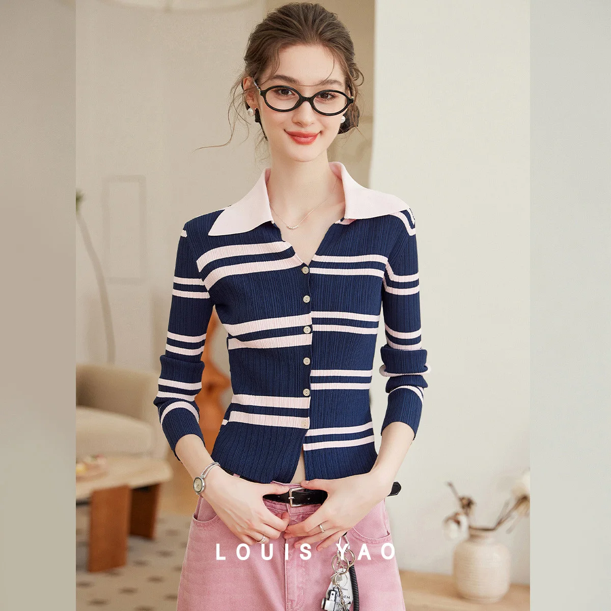 

LOUIS YAO Color Contrasting Striped Knitted Cardigan2025 Autumn Micro Elastic Turndown Collar Women's Knitwear Long Sleeved Top