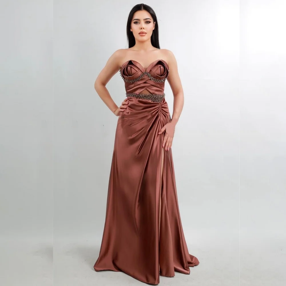 

Satin Pleat Beading Graduation A-line Strapless Bespoke Occasion Gown Long Dresses