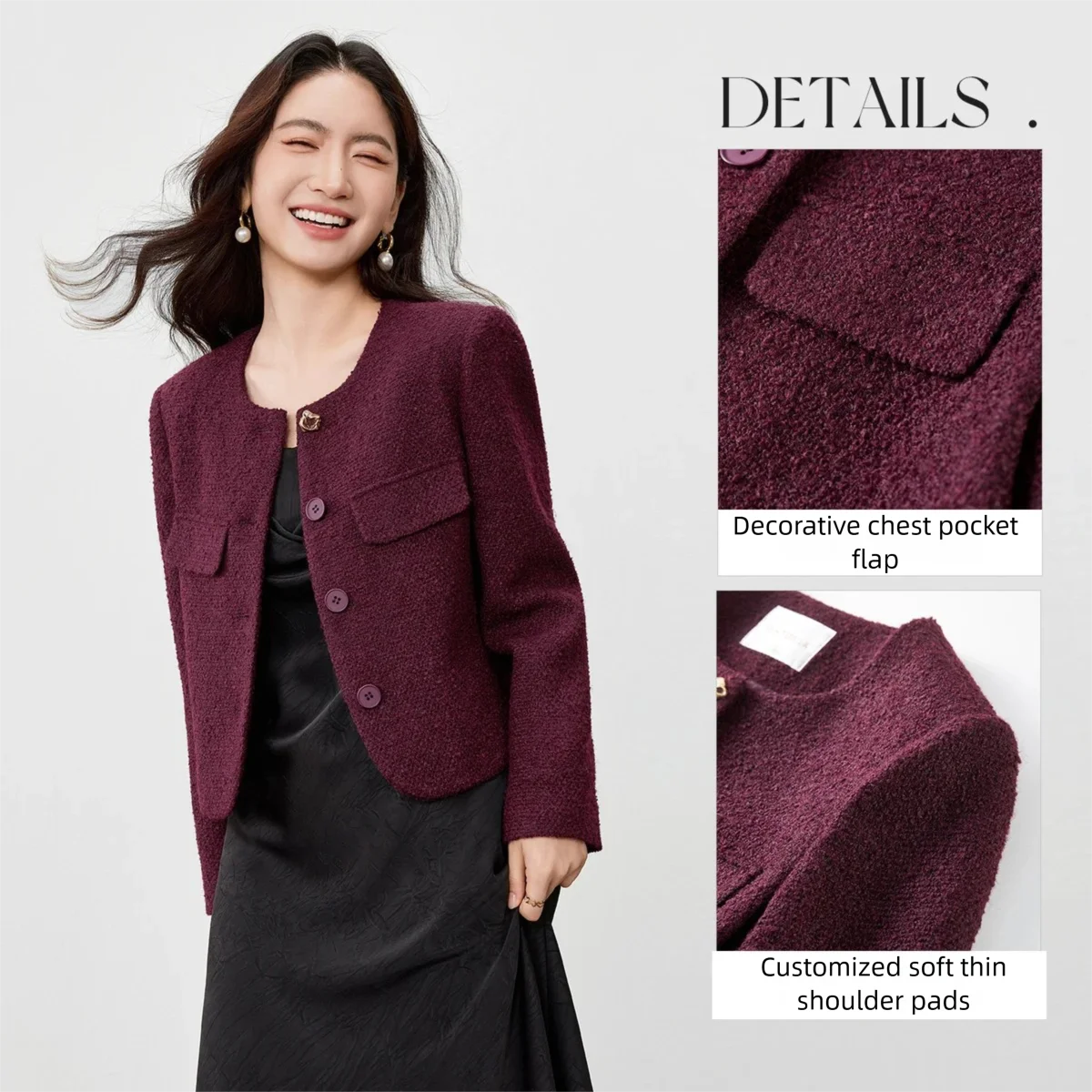 SENTUBILA Women's Elegant Commuter Short Coat Autumn 2025 New Wool Blend O-Neck Metal Buckle Long Sleeve Office Top 153WA2086